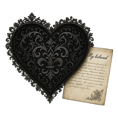 romantic goth heart with lace and a love letter, gothic style, black and silver, elegant sticker