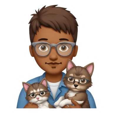 Glasses and mustach holding a kitten, the person should be brown and have a wolf cut mullet sticker