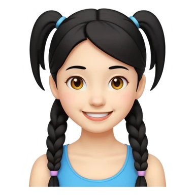 cheerful emoji-style girl with black hair in two low pigtails near the neck, round eyes, big smile, head and upper shoulders, clean lines, minimal white background, vibrant and simple sticker