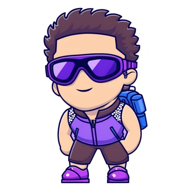 close-up of male athlete with white skin and moderately curly dark brown hair on top with shaved sides, wearing ski goggles with purple frames and very dark black lenses, a simple plain black chain necklace, and a completely unzipped sleeveless vest with purple and black sequin fire pattern design with no logo, with an arrogant smug smirk on his face, looking confident and cocky sticker