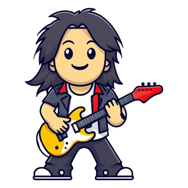 Rockstar musician with long hair, confident smile looking up, rock hand gesture, stage presence, edgy style sticker