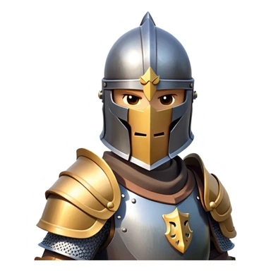 clash-of-clans-aesthetic_-cinematic-fearsome-and-majestic-knight-bust-portrait-emoji, rendered in a flat, vector-style with minimal shading and bold, simplified shapes, depicting a battle-ready medieval knight with steely eyes and intricate armor, mounted on a warhorse reflecting sunlight over a misty battlefield. sticker