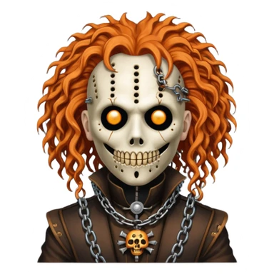steam punk Megadeth - pinhead Hellraiser corpse made of rusty metal with chains on its teeth, huge curly orange hair sticker