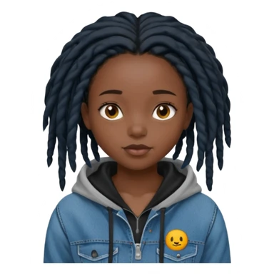 make a black girl with short pitch black locs wearing a denim hoodie with black sleeves sticker