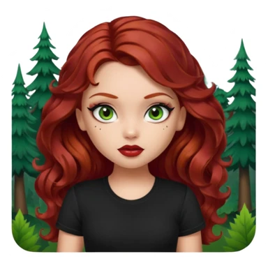 a pretty fair bratz girl with wavy dark red hair, wearing a black tee. eyeliner on, forest green eyes. Waist up sticker