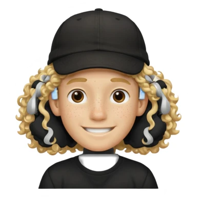blonde boy with long curly hair past his hears and a LA hat, smiling, wearing a black shirt with freckles sticker