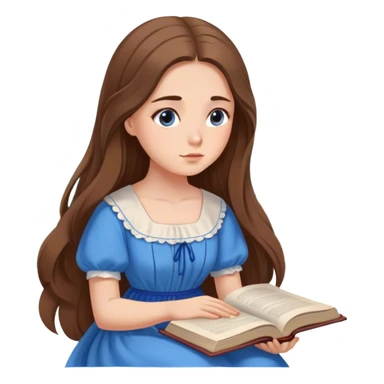 Cinematic Elegant Belle Portrait Emoji, Sitting with an open book, eyes dreamy with thought, her iconic blue village dress draped gracefully, exuding intelligence, kindness, and timeless charm! sticker