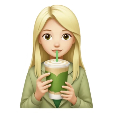 blonde luxury long hair girl with 1 matcha latte and 2 straws sticker
