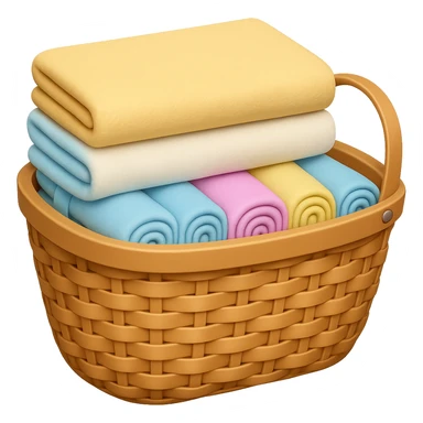 Add folded towels on top of the pastel socks and towels in the wicker basket in emoji style, no background. sticker