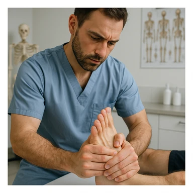 realistic image of an osteopath performing manual mobilization on a patient's foot, detailed anatomical features, clinical environment sticker