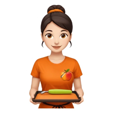 Create an iOS-emoji-style illustration of a cheerful female barista with bright fair skin and dark hair tied back. She wears an orange barista T-shirt and holds a brown serving tray. Style should be soft, rounded, and minimal like Apple emoji. sticker
