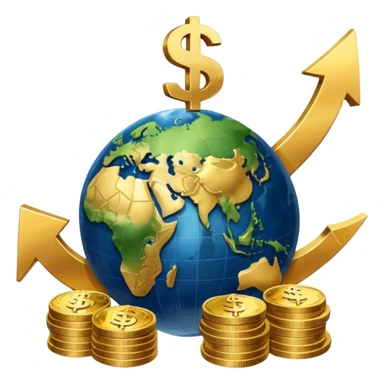 An icon featuring  a dollar sign, and a chart with upward trends, symbolizing economics. The design includes coins, bills, and earth e, representing global trade and financial systems. Transparent background highlights the study of markets, supply, and demand. sticker