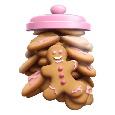 Realistic glass cookie jar with light pink lid full of gingerbread cookies isolated.  sticker