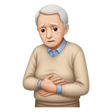 elderly person with a worried face, one hand on their lower back, pain lines below the back sticker