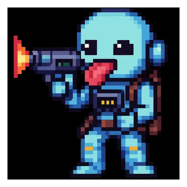 Make it pixel art style: Edit the emoji so it is putting the sci-fi blaster toward its tongue, keeping the pixel art style. sticker