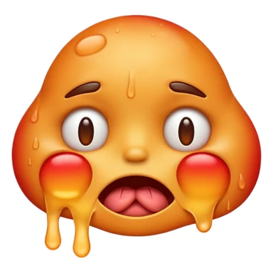 Apple-style emoji illustration of a melted, overheated face with sweat drops, half-closed exhausted eyes, tongue slightly out, warm orange and red tones, soft 3D emoji style, smooth gradients, rounded shapes, simple expression, centered composition, transparent background, no text. sticker