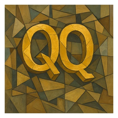gold object with the title 'QQ' in cubist abstraction style sticker