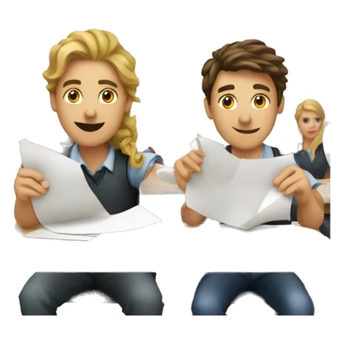 2 European students sitting at desks. They are throwing paper sticker