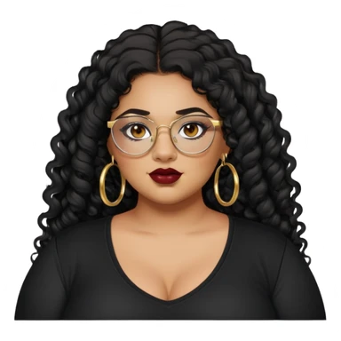 teen big plus size, latina, darker tan skin, gold hoops, long black curly hair, baddie,pretty, makeup, dark red lipgloss, black eyeliner, long hair, black shirt, BLACK glasses sticker
