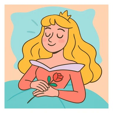 Sleeping Beauty in a modern cartoon style, pastel colors, closed eyes, peaceful smile, simple background sticker