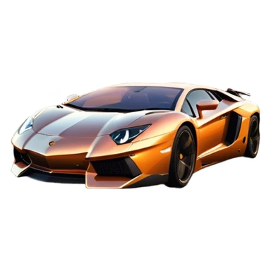 Lamborghini Aventador speeding down Sunset Avenue at dusk, headlights blazing. The sky glows in warm sunset hues, reflecting off the sleek car. Motion blur emphasizes speed, with palm trees and city lights in the background. Transparent background. sticker