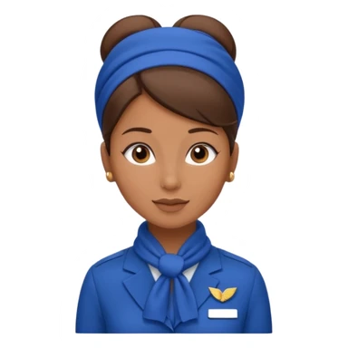 Brown tan skin flight attendant, brown hair in a bun, blue uniform, blue scarf sticker