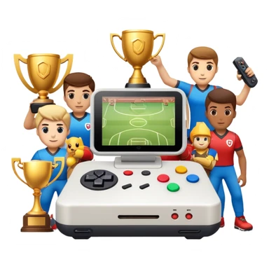 Gaming console with 'qbix88' displayed on screen, surrounded by trophy, controller and team of players sticker