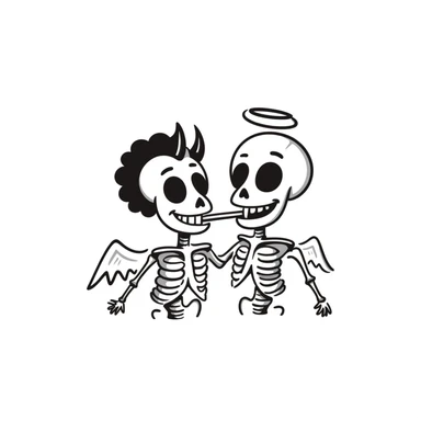 skeleton with half devil, half angel features, saying 'sh', expressive, clear pose, hand drawn doodle style sticker