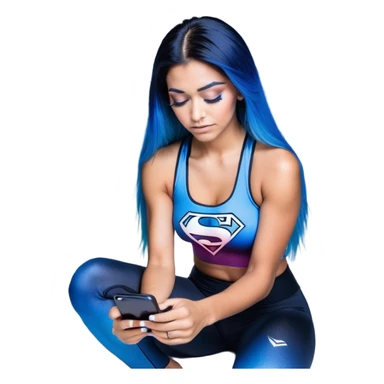 Disapponted-big tears-head back texting on phone-very very large upper body-sexy face-bending forward at waist-very long very straight dark blue to light blue ombre hair-and-blue eyes-thick black eyeliner-long eyelashes-iridescent blue lowcut tanktop with black leggings with glitter superman logo sticker