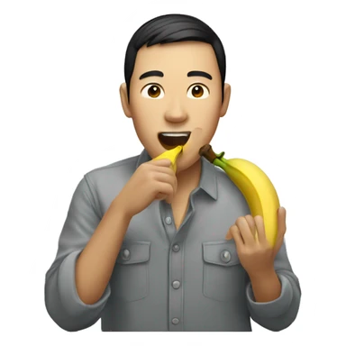 An Asian man is eating a banana in his hand sticker