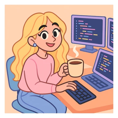 Sabrina Carpenter as a programmer, holding a coffee mug, multiple monitors with code, relaxed and creative, pastel tones sticker
