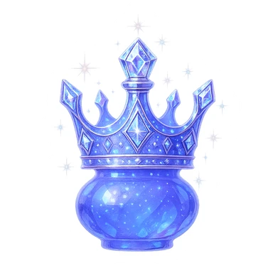 crown-shaped luxurious elixir bottle, unmistakably crown-like silhouette (not a flask), color #7986cb, multi-layered holographic and silver details, intricate crystal facets, magical radiant glowing and sparkling effects, seamless and beautifully joined rounded and closed bottom (not flat or open), very small neck, transparent background, floating clearly in air, not standing, no base or shadow, modern, extremely beautiful, matching a collection sticker