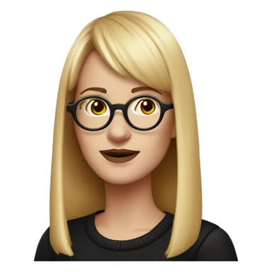 a white woman with round gold glasses, black sweater and faded red shoulder-length hair with bangs sticker