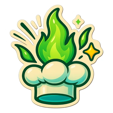 chef's hat explode with trails of fires, emoji, playful, magic flame green gradient, vibrant, flame matching style reference file sticker