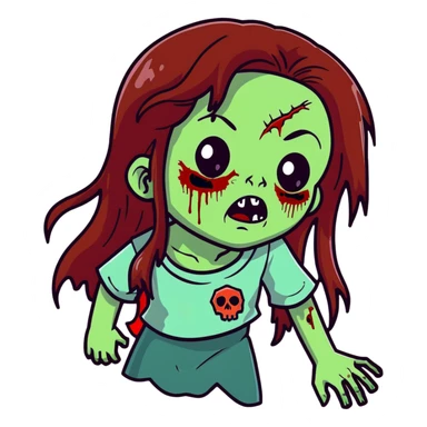 Girl zombie with long flowing brown hair, decaying pale green skin, and creepy undead expression sticker