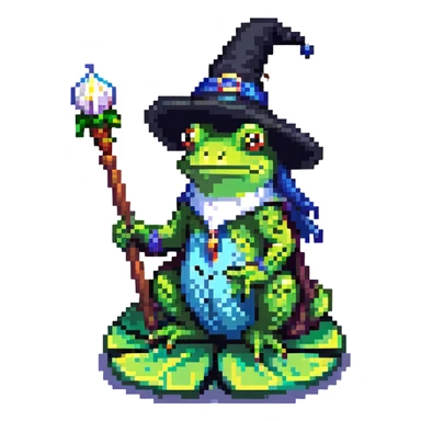 frog wizard sitting on a lily pad in a lake, wearing a wizard hat and holding a magic staff sticker