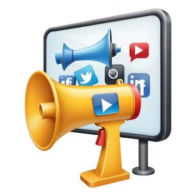 An icon featuring a megaphone, a billboard, and social media icons, symbolizing advertising and public relations. The design includes a press release and a rising graph, representing brand promotion and communication strategies. Transparent background highlights media influence and outreach. sticker