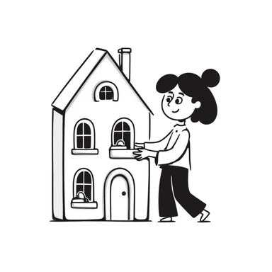 smiling girl arranging furniture in doll house sticker