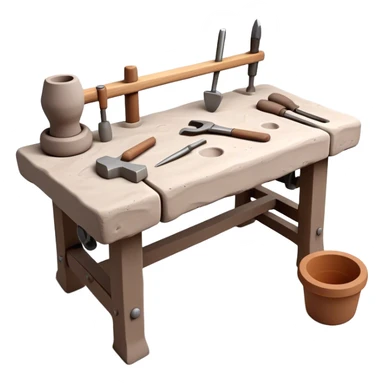 Cinematic Realistic image of a workbench set with a lump of pliable clay and artisanal sculpting tools, rendered with finely detailed textures that reveal subtle clay particles and well-worn tool surfaces, bathed in warm, focused studio lighting sticker