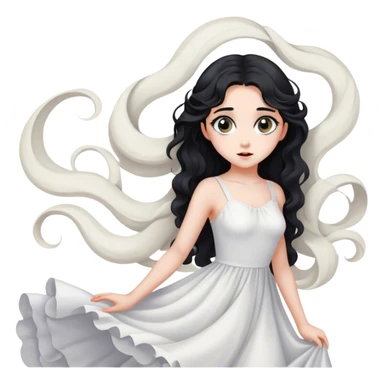 beautiful and pretty 16-year-old woman with big eyes, long wavy black hair, gray eyes, fair skin, wearing a white dress, and striking a pose sticker