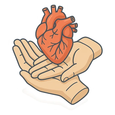 two palms holding an anatomical heart, 2D isometric style, very detailed drawing, detailed shadows and highlights, clean contours, soft lighting, transparent background sticker