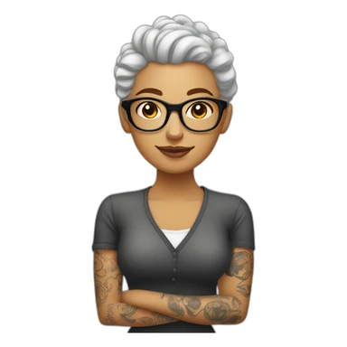 Bald man with tattoos. Young curly-haired lady wearing glasses sticker