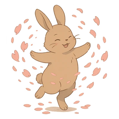 pale brown bunny spinning with flower petals around, soft ghibli style sticker
