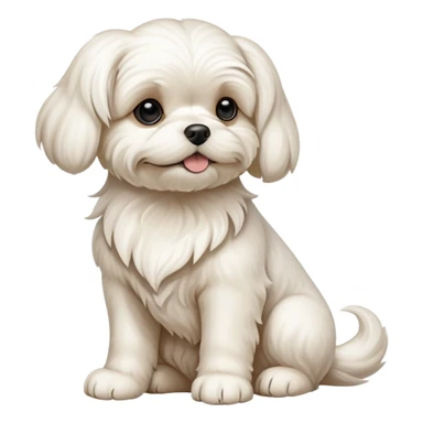 detailed-[Maltese dog]-realistic-full-body-sitting-emoji,-tail-resting-loosely-beside-its-paws,-head-tilted-dramatically, -wavy-[cream white]-fur,-simplified-yet-realistic-focused-features,-highly-detailed,-glowing-with-an-almost-sarcastic-glow sticker