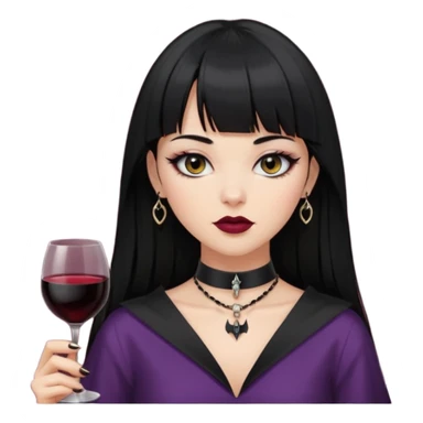 mulher cabelos pretos longos e lisos com uma franja curta acima dos olhos, olhos pretos com delineado, expressão séria, com um sorriso sensual e lábios cor de vinho, ela usa uma gargantilha preta com um pequeno pingente de morcego preto sticker