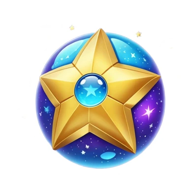 Uma esfera translúcida com reflexos roxos e azuis envolve uma estrela dourada brilhante no centro, criando um visual etéreo e futurista sticker