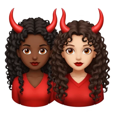 Dark skin, dark, curly hair girl with devil horns and light skinned girl with dark long wavy hair with Devil horns sticker