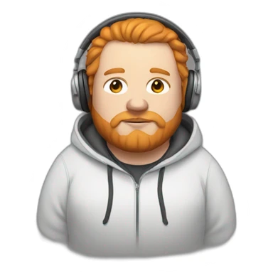 fat white man wearing a hoodie with a hood on, headphones on, ginger hair and beard sticker