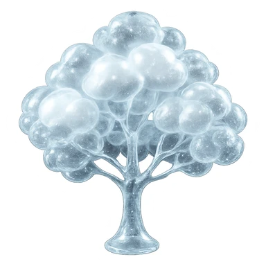 one tree with many branches and a white trunk, crown made of small very bright white fluffy convex clouds, matte glass style sticker