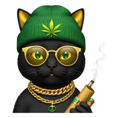 A black cat wearing the deal with it shades and a rasta beanie and smoking a joint and wearing a gold chain that says 420 and the words High Time at the top of the image sticker